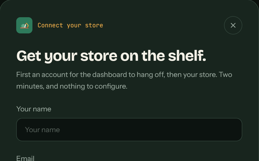 The ShelfHelp store connect pop-up asking for your name and email