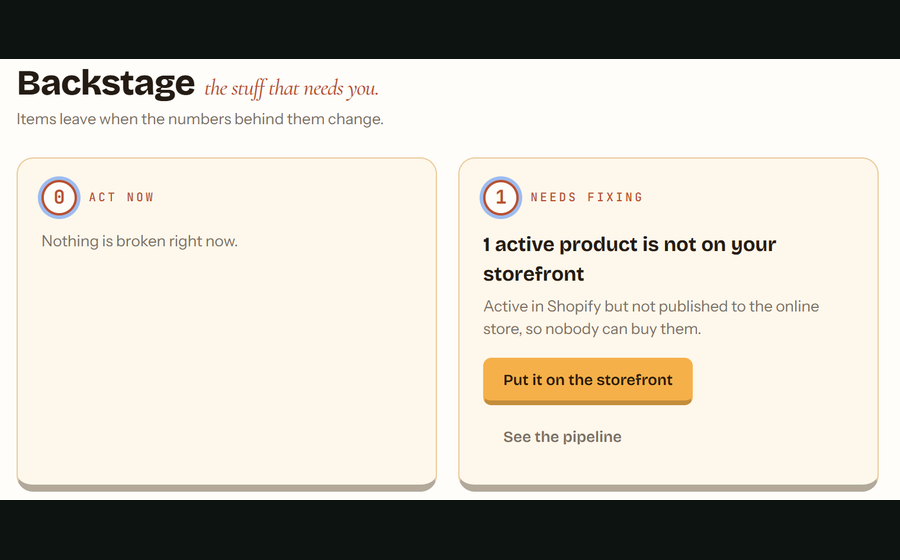 Backstage on a demo board with a Put it on the storefront fix button